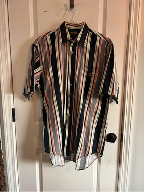 Ivy Crew Men’s Navy Multicolor Vertical Stripe Short-Sleeve Button-Down Shirt